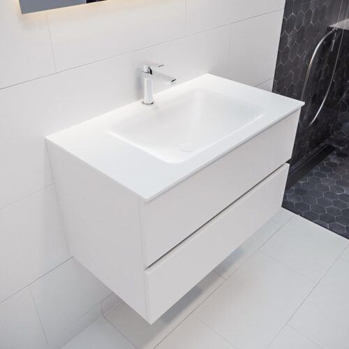 MONDIAZ VICA 80cm mueble de baño Talc 2 cajones lavabo CLOUD Centro 1 orificio con espejo LED.