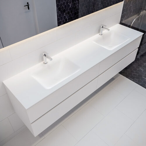 MONDIAZ VICA 200cm mueble de baño Talc 4 cajones lavabo CLOUD Doble 2 orificios con espejo LED.