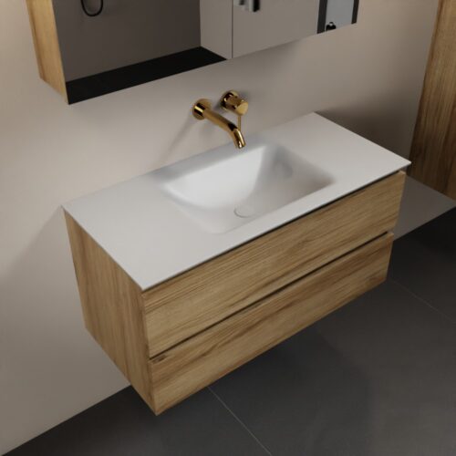 MONDIAZ AIVY 100cm mueble de baño Chai. Lavabo Talc Solid surface Centro sin orificio y armario con espejo.