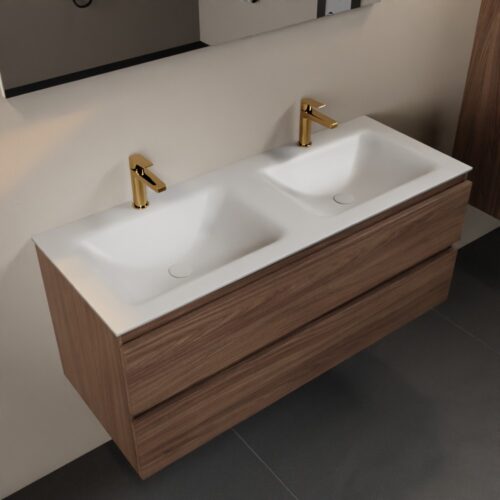 MONDIAZ AIVY 120cm mueble de baño Mocha. Lavabo Talc Solid surface Doble 2 orificios.