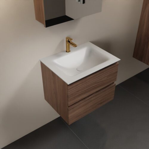 MONDIAZ AIVY 60cm mueble de baño Mocha. Lavabo Talc Solid surface Centro 1 orificio y armario con espejo.