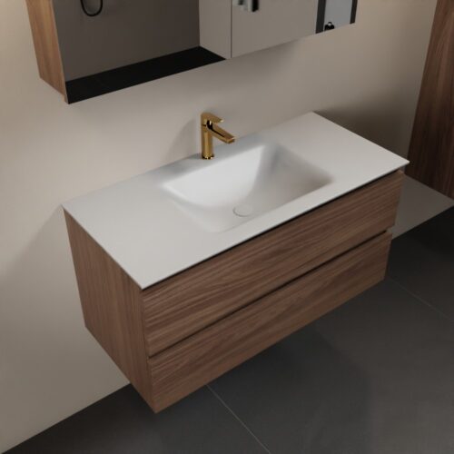 MONDIAZ AIVY 100cm mueble de baño Mocha. Lavabo Talc Solid surface Centro 1 orificio y armario con espejo.