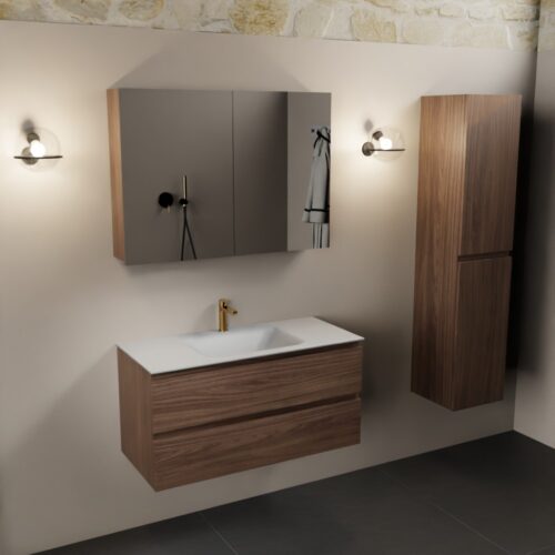 MONDIAZ AIVY 100cm mueble de baño Mocha. Lavabo Talc Solid surface Centro 1 orificio y armario con espejo. - Imagen 2