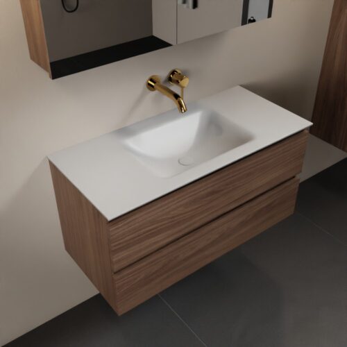 MONDIAZ AIVY 100cm mueble de baño Mocha. Lavabo Talc Solid surface Centro sin orificio y armario con espejo.