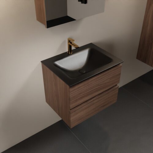 MONDIAZ AIVY 60cm mueble de baño Mocha. Lavabo Urban Solid surface Centro 1 orificio y armario con espejo.