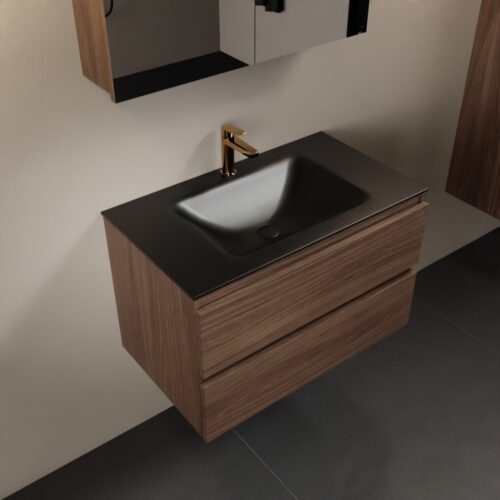 MONDIAZ AIVY 80cm mueble de baño Mocha. Lavabo Urban Solid surface Centro 1 orificio y armario con espejo.