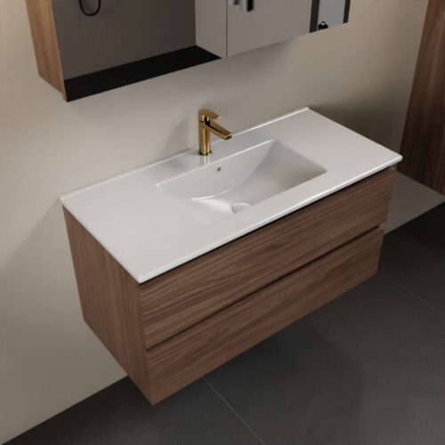 MONDIAZ AIVY 100cm mueble de baño Mocha. Lavabo blanco brillo cerámica Centro 1 orificio y armario con espejo.