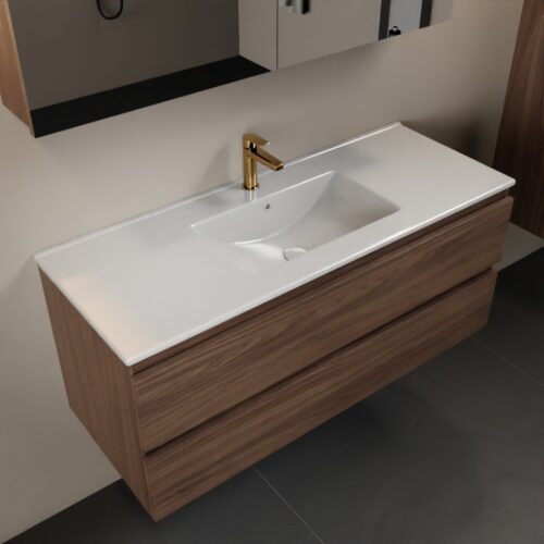 MONDIAZ AIVY 120cm mueble de baño Mocha. Lavabo blanco brillo cerámica Centro 1 orificio y armario con espejo.