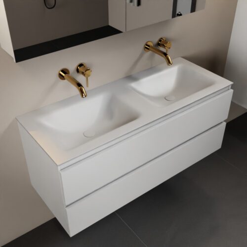 MONDIAZ AIVY 120cm mueble de baño Talc. Lavabo Talc Solid surface Doble sin orificio y armario con espejo.