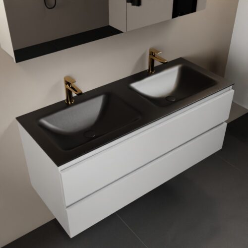 MONDIAZ AIVY 120cm mueble de baño Talc. Lavabo Urban Solid surface Doble 2 orificios y armario con espejo.