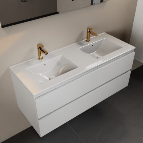 MONDIAZ AIVY 120cm mueble de baño Talc. Lavabo Blanco brillo Cerámica Doble 2 orificios.