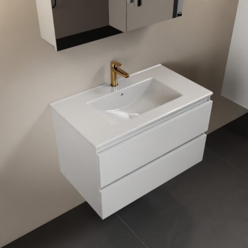 MONDIAZ AIVY 80cm mueble de baño Talc. Lavabo blanco brillo cerámica Centro 1 orificio y armario con espejo.