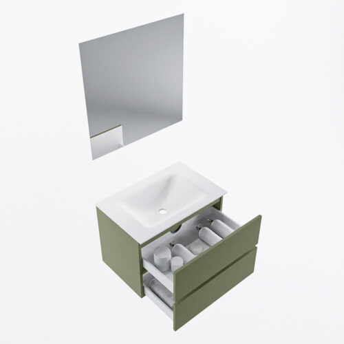 MONDIAZ VICA 70cm mueble de baño Army 2 cajones. Lavabo CLOUD Centro sin orificio color Talc con espejo LED. - Imagen 7