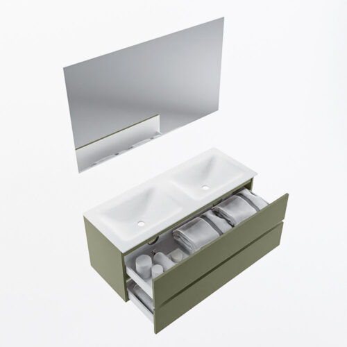 MONDIAZ VICA 120cm mueble de baño Army 2 cajones. Lavabo CLOUD Doble sin orificio color Talc con espejo LED. - Imagen 7