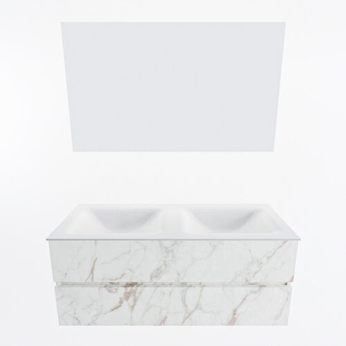 MONDIAZ VICA 120cm mueble de baño Carrara 2 cajones. Lavabo CLOUD Doble 2 orificios color Talc con espejo LED. - Imagen 5