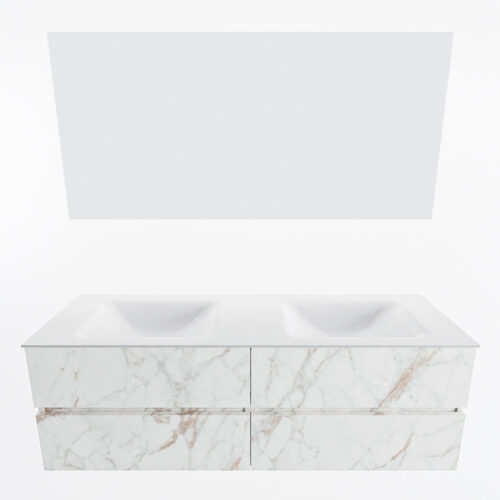 MONDIAZ VICA 150cm mueble de baño Carrara 4 cajones. Lavabo CLOUD Doble sin orificio color Talc con espejo LED. - Imagen 5