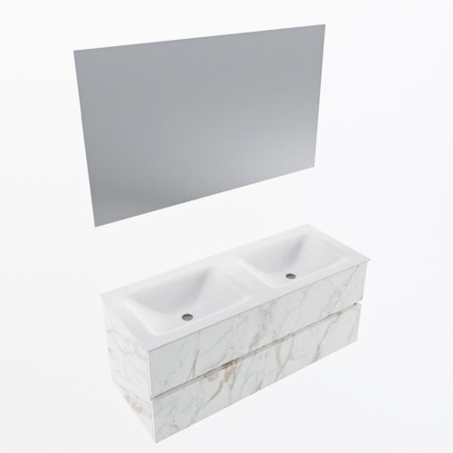 MONDIAZ VICA 120cm mueble de baño Carrara 2 cajones. Lavabo CLOUD Doble 2 orificios color Talc con espejo LED. - Imagen 6