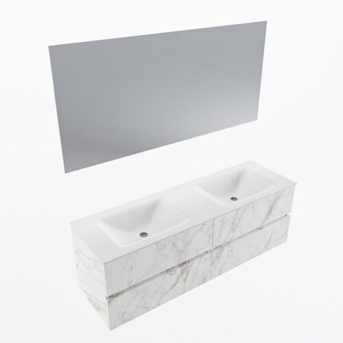 MONDIAZ VICA 150cm mueble de baño Carrara 4 cajones. Lavabo CLOUD Doble sin orificio color Talc con espejo LED. - Imagen 6