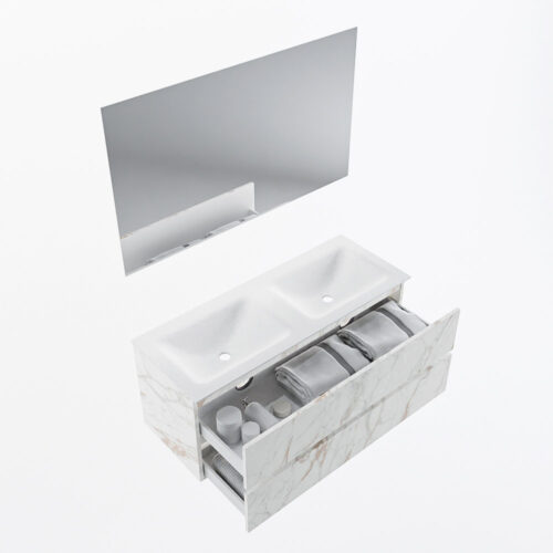 MONDIAZ VICA 120cm mueble de baño Carrara 2 cajones. Lavabo CLOUD Doble 2 orificios color Talc con espejo LED. - Imagen 7