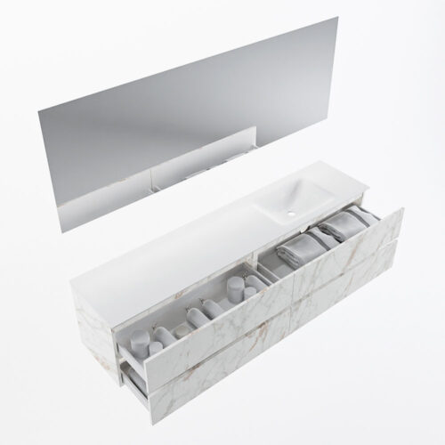 MONDIAZ VICA 200cm mueble de baño Carrara 4 cajones. Lavabo CLOUD Derecho 1 orificio color Talc con espejo LED. - Imagen 7