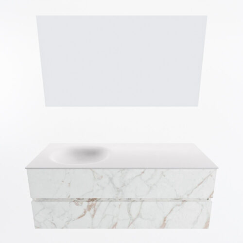 MONDIAZ VICA 130cm mueble de baño Carrara 2 cajones. Lavabo MOON Izquierda sin orificio color Talc con espejo LED. - Imagen 5