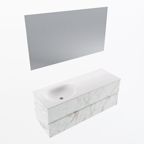 MONDIAZ VICA 130cm mueble de baño Carrara 2 cajones. Lavabo MOON Izquierda sin orificio color Talc con espejo LED. - Imagen 6