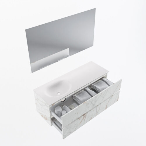 MONDIAZ VICA 130cm mueble de baño Carrara 2 cajones. Lavabo MOON Izquierda sin orificio color Talc con espejo LED. - Imagen 7