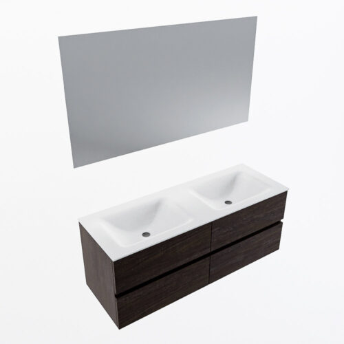 MONDIAZ VICA 130cm mueble de baño Dark Brown 4 cajones. Lavabo CLOUD Doble 2 orificios color Talc con espejo LED. - Imagen 6