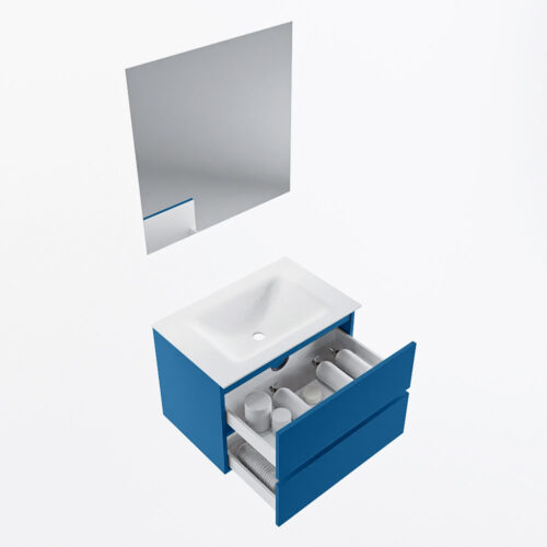 MONDIAZ VICA 70cm mueble de baño Jeans 2 cajones. Lavabo CLOUD Centro sin orificio color Talc con espejo LED. - Imagen 7