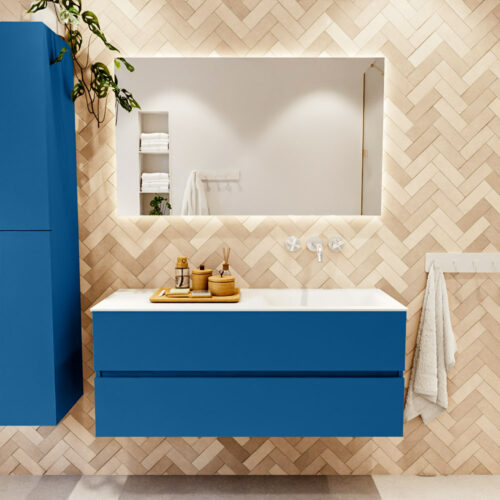 MONDIAZ VICA 120cm mueble de baño Jeans 2 cajones. Lavabo CLOUD Derecho sin orificio color Talc con espejo LED. - Imagen 2