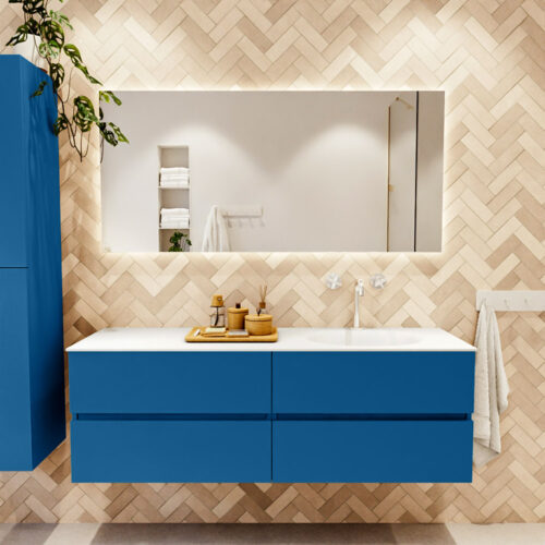 MONDIAZ VICA 150cm mueble de baño Jeans 4 cajones. Lavabo MOON Derecho 1 orificio color Talc con espejo LED. - Imagen 2