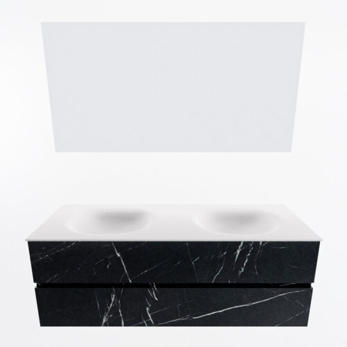 MONDIAZ VICA 140cm mueble de baño Marquina 2 cajones. Lavabo MOON Doble sin orificio color Talc con espejo LED. - Imagen 5