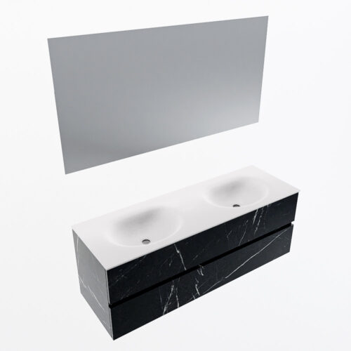 MONDIAZ VICA 140cm mueble de baño Marquina 2 cajones. Lavabo MOON Doble sin orificio color Talc con espejo LED. - Imagen 6