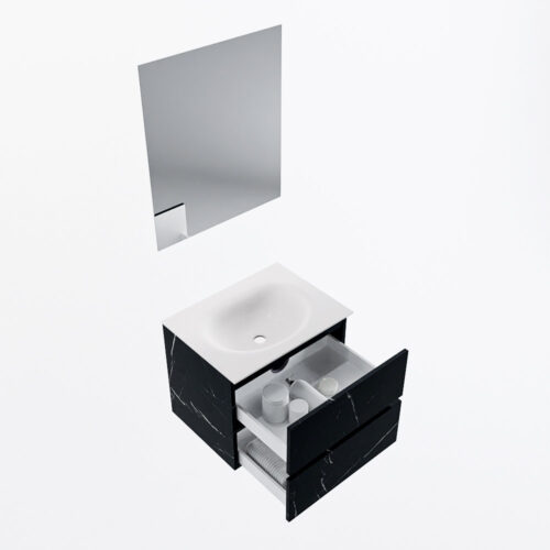 MONDIAZ VICA 60cm mueble de baño Marquina 2 cajones. Lavabo MOON Centro 1 orificio color Talc con espejo LED. - Imagen 7