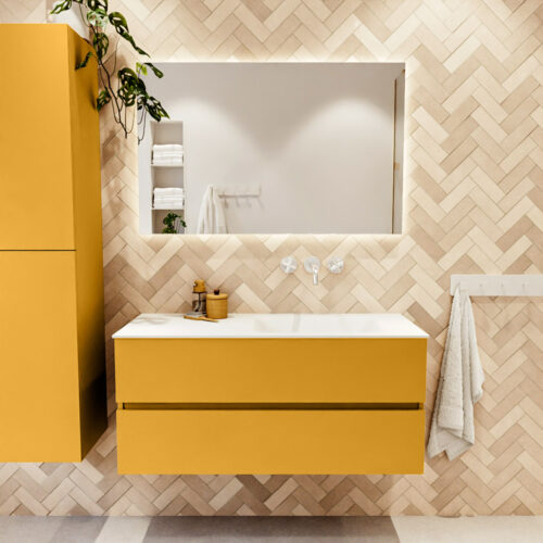 MONDIAZ VICA 110cm mueble de baño Ocher 2 cajones. Lavabo CLOUD Derecho sin orificio color Talc con espejo LED. - Imagen 2