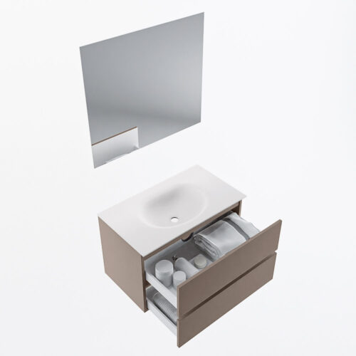 MONDIAZ VICA 80cm mueble de baño Smoke 2 cajones. Lavabo MOON Centro 1 orificio color Talc con espejo LED. - Imagen 7