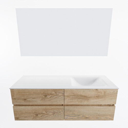 MONDIAZ VICA 140cm mueble de baño Washed Oak 4 cajones. Lavabo CLOUD Derecho 1 orificio color Talc con espejo LED. - Imagen 5