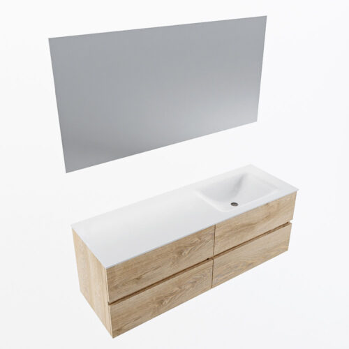 MONDIAZ VICA 140cm mueble de baño Washed Oak 4 cajones. Lavabo CLOUD Derecho 1 orificio color Talc con espejo LED. - Imagen 6