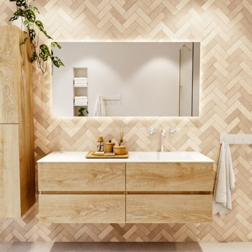 MONDIAZ VICA 140cm mueble de baño Washed Oak 4 cajones. Lavabo CLOUD Derecho 1 orificio color Talc con espejo LED. - Imagen 2