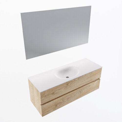 MONDIAZ VICA 130cm mueble de baño Washed Oak 2 cajones. Lavabo MOON Centro 1 orificio color Talc con espejo LED. - Imagen 7