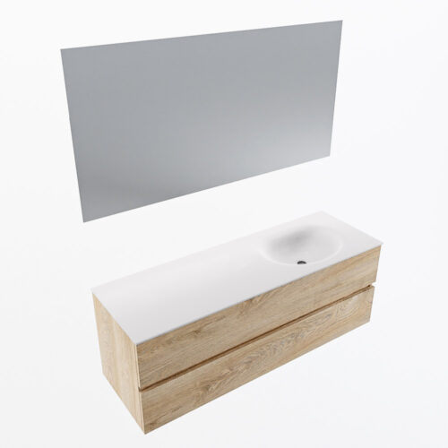 MONDIAZ VICA 140cm mueble de baño Washed Oak 2 cajones. Lavabo MOON Derecho sin orificio color Talc con espejo LED. - Imagen 7