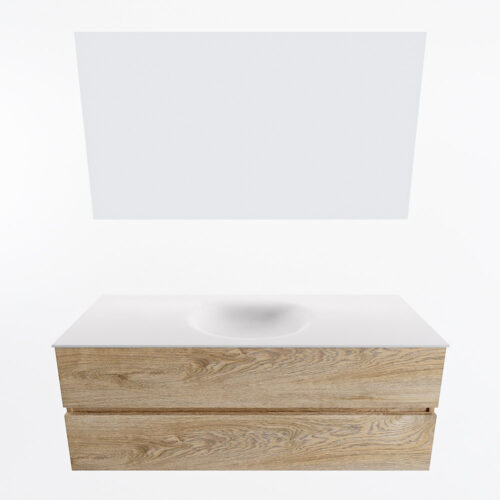 MONDIAZ VICA 130cm mueble de baño Washed Oak 2 cajones. Lavabo MOON Centro 1 orificio color Talc con espejo LED. - Imagen 5