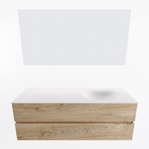 MONDIAZ VICA 140cm mueble de baño Washed Oak 2 cajones. Lavabo MOON Derecho sin orificio color Talc con espejo LED. - Imagen 5