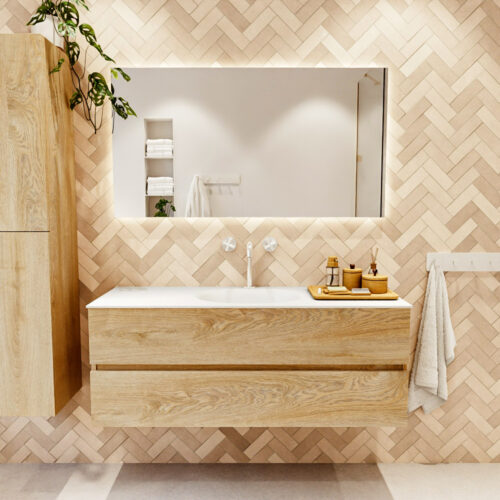 MONDIAZ VICA 130cm mueble de baño Washed Oak 2 cajones. Lavabo MOON Centro 1 orificio color Talc con espejo LED. - Imagen 2