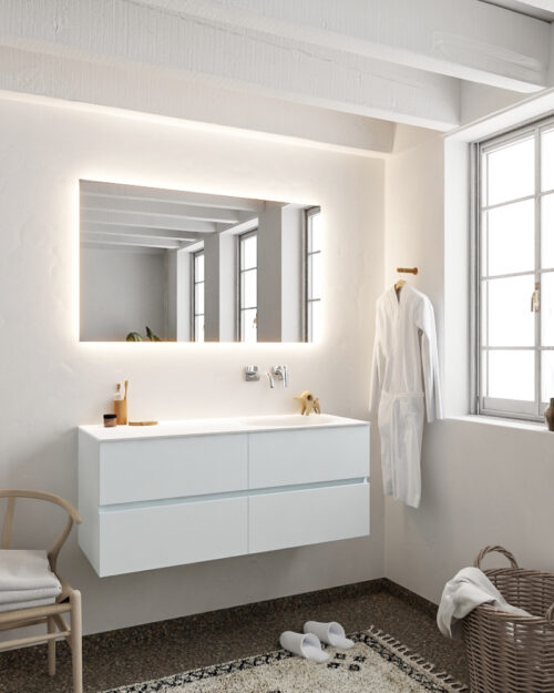 MONDIAZ VICA 120cm mueble de baño Clay 4 cajones lavabo MOON Derecho sin orificio con espejo LED. - Imagen 2