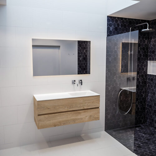 MONDIAZ VICA 120cm mueble de baño Washed Oak 2 cajones lavabo CLOUD Derecho sin orificio con espejo LED. - Imagen 3