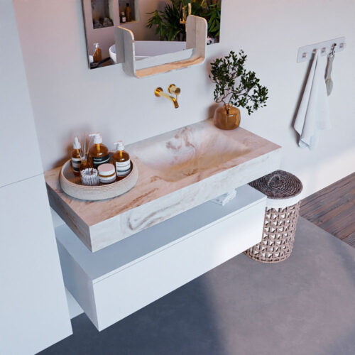 MONDIAZ ALAN-DLUX 100cm mueble de baño Talc 1 cajón. Lavabo CLOUD Derecho sin orificios color Frappe.