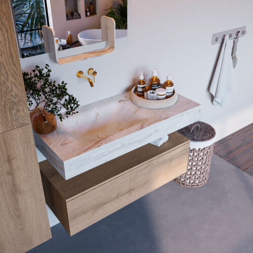 MONDIAZ ALAN-DLUX 100cm mueble de baño Washed Oak 1 cajón. Lavabo CLOUD Izquierda sin orificios color Frappe.