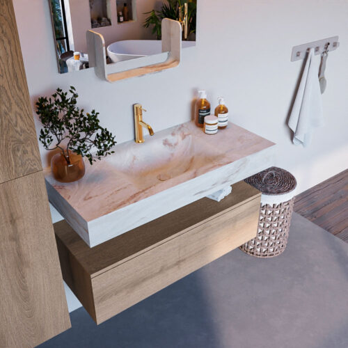 MONDIAZ ALAN-DLUX 100cm mueble de baño Washed Oak 1 cajón. Lavabo CLOUD Centro 1 orificio color Frappe.