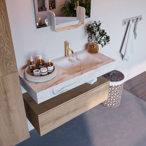 MONDIAZ ALAN-DLUX 100cm mueble de baño Washed Oak 1 cajón. Lavabo CLOUD Derecho 1 orificio color Frappe.